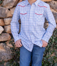 Blue Quail Clothing Co. Tattersall Pearl Snap Long Sleeve Shirt in blue - kids' shirt