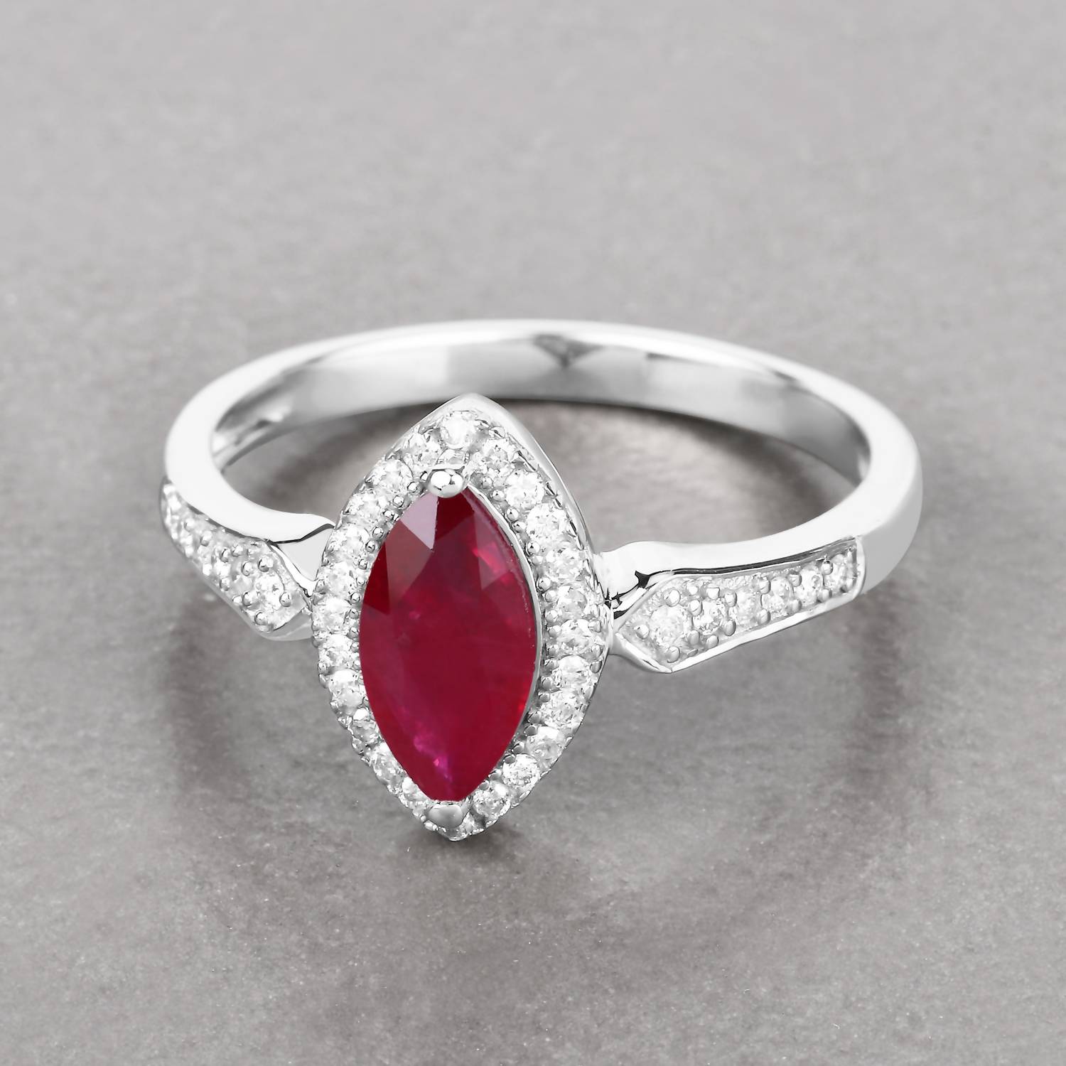 Diana M Jewels Women's Marquise Natural Ruby Fashion Ring (0.96 Ct) - Delicate in 14k white gold - women's jewelry - detail view