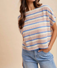 Anniewear - Tweed Texture Striped Crop Knit Top