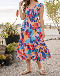 Lime N Chili Sunset Garden Smocked Midi Dress in multi - women's dress