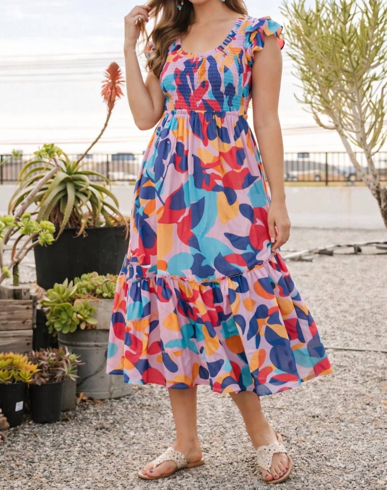 Lime N Chili Sunset Garden Smocked Midi Dress in multi - women's dress