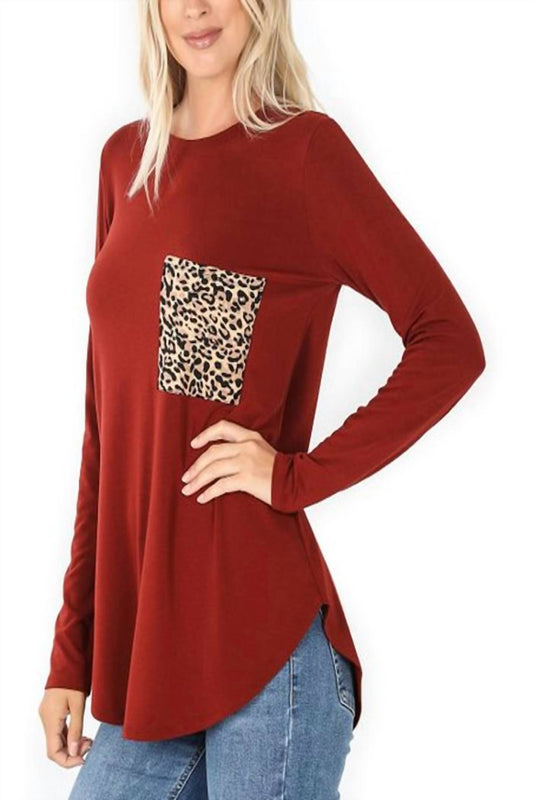 Zenana - Round Neck Leopard Print Pocket Top