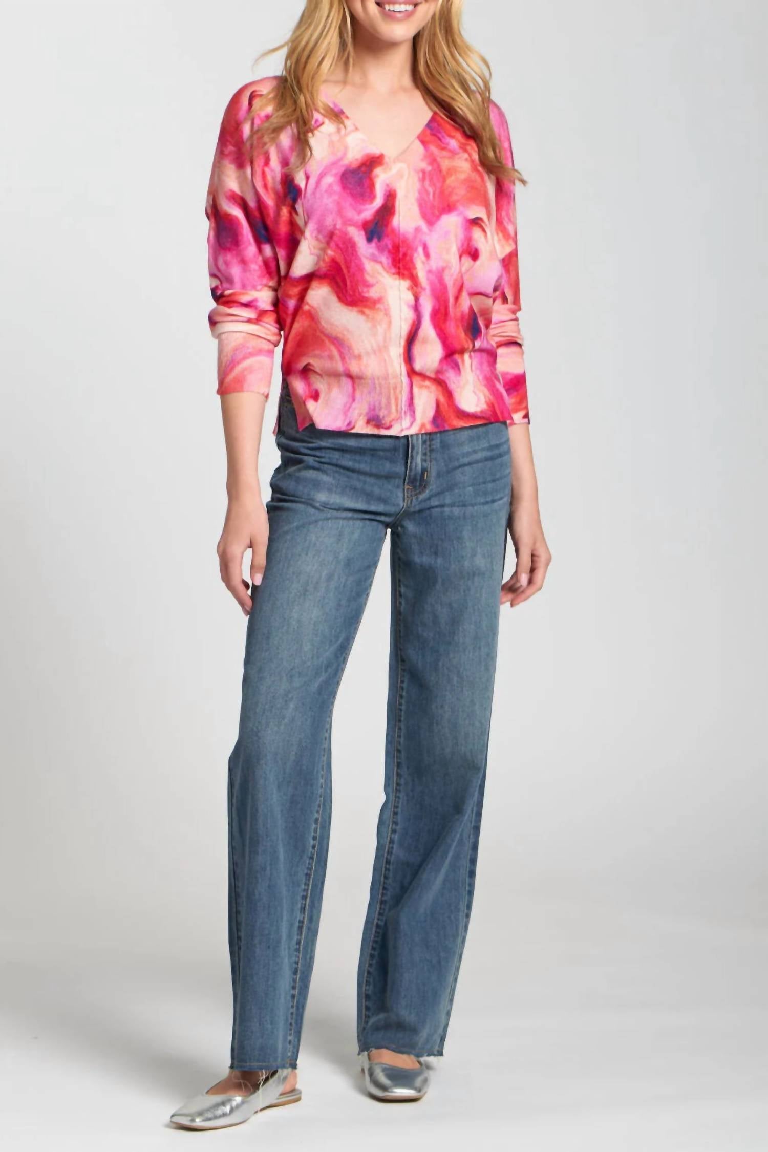 APNY Berry Marble Printed V-neck Pullover Top in pink - women's long sleeve top - view 5