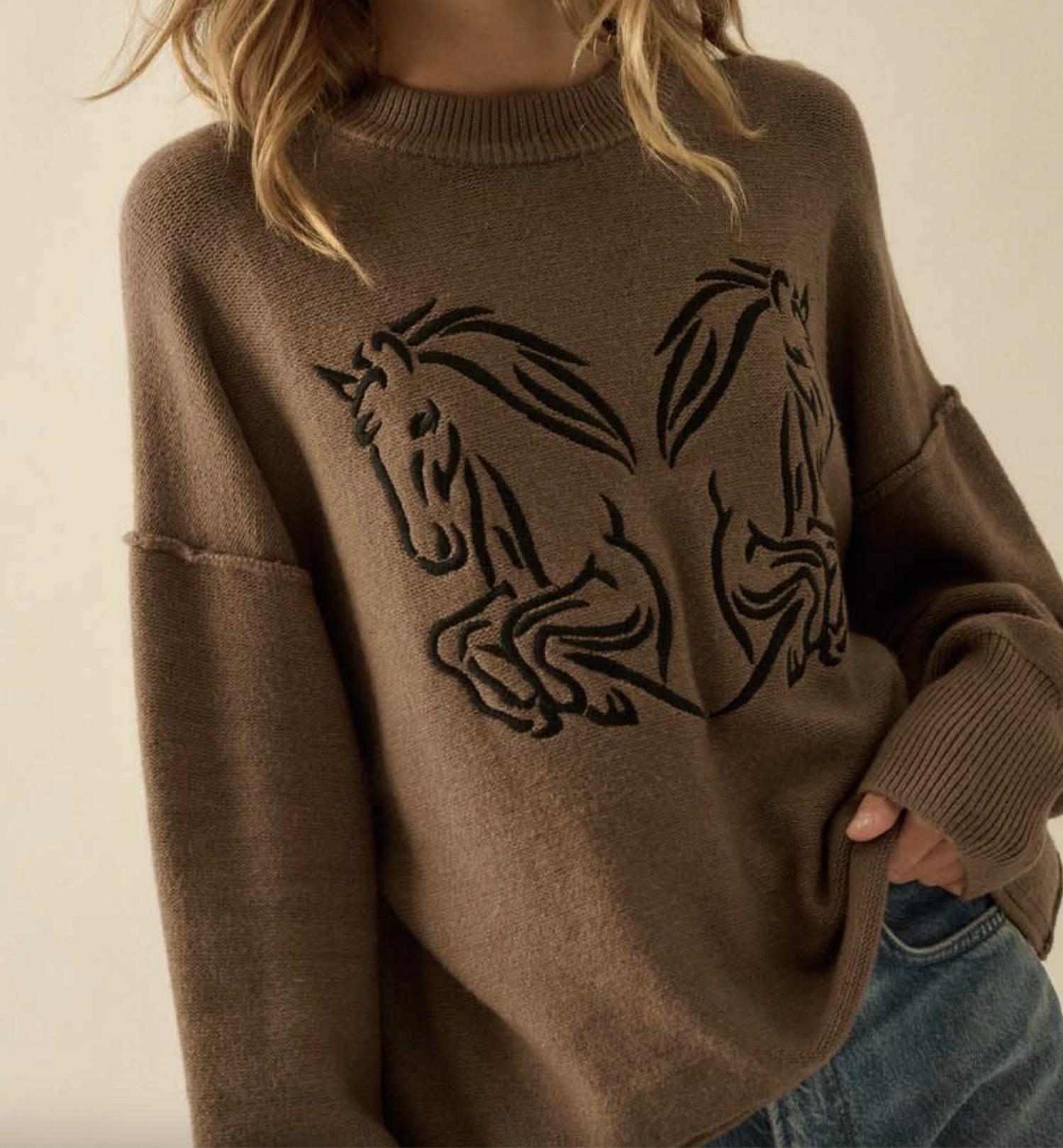 PROMESA Embroidered Horses Sweater in brown - women's sweater - detail view