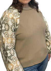 VERY J Amber Aztec Top in green - women's long sleeve top - detail view