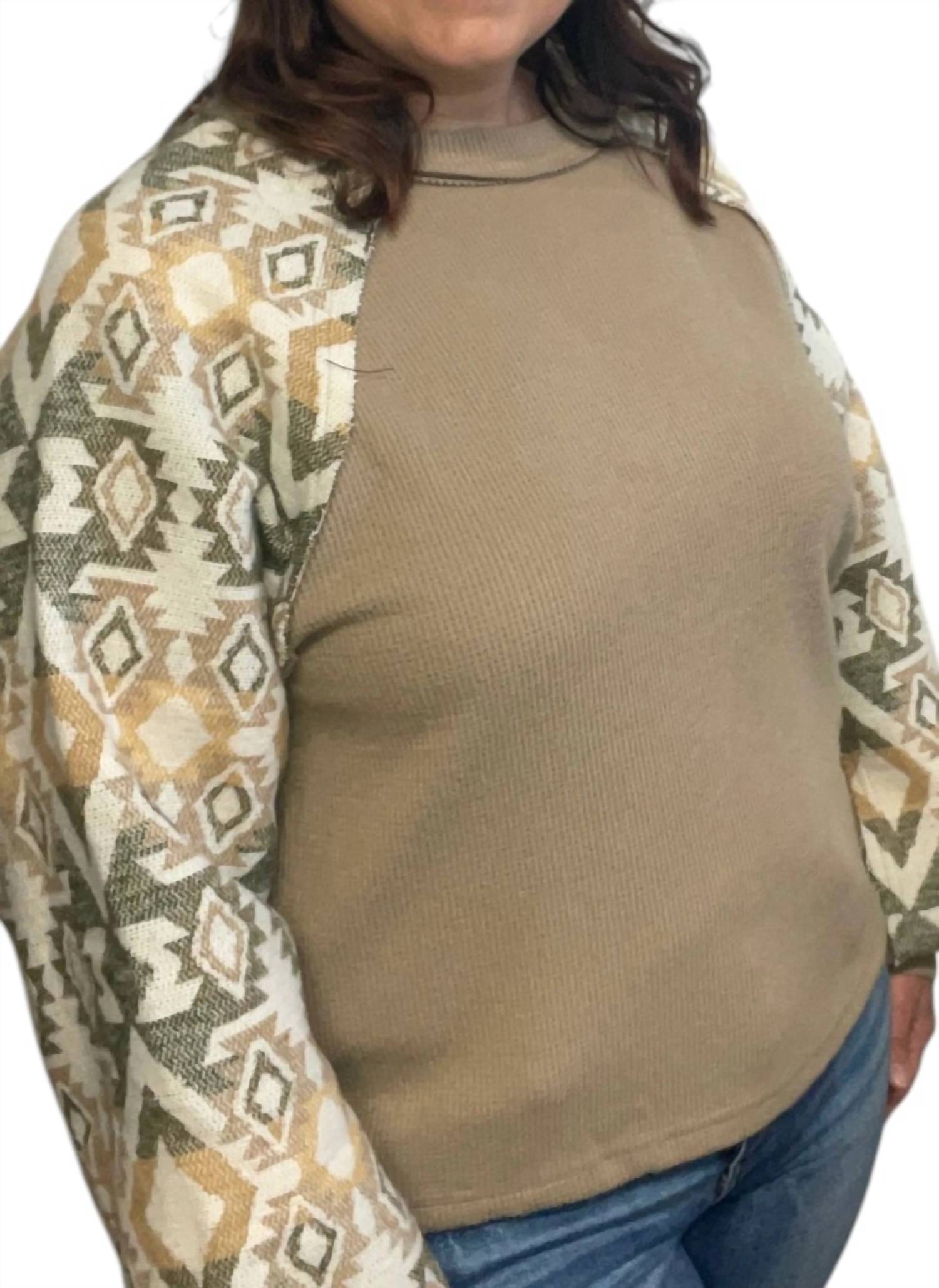 VERY J Amber Aztec Top in green - women's long sleeve top - detail view