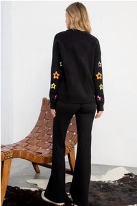 THML Star Sleeve Knit Crewneck in black - women's sweater - detail view