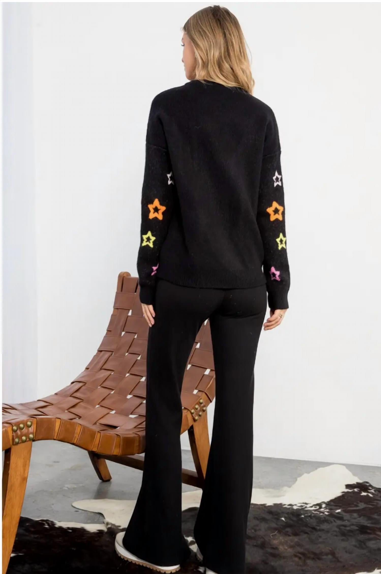 THML Star Sleeve Knit Crewneck in black - women's sweater - detail view