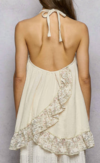 Pol - Halter Neck Double Gauze Lace Ruffle Sleeveless Top