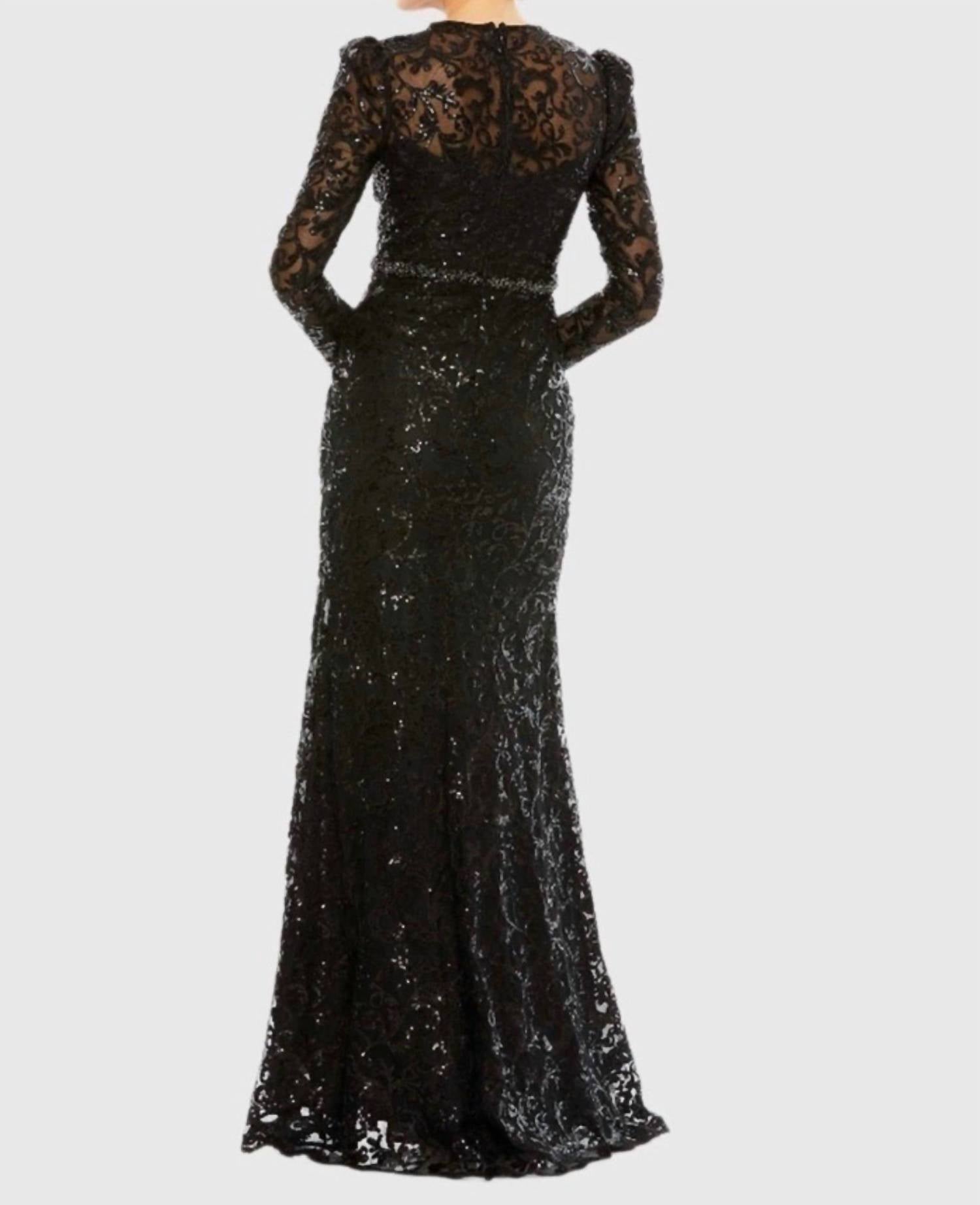 MAC DUGGAL Embellished High Neck Long Sleeve Gown in black - women's dress - detail view