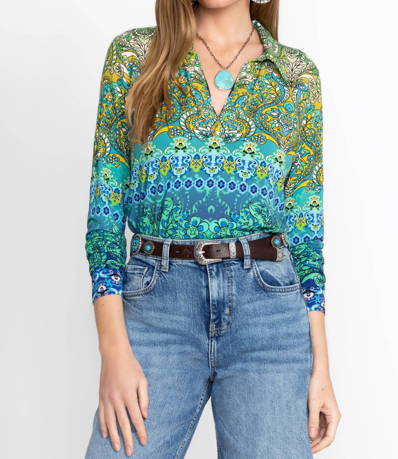 Johnny Was Janie Favorite Collared Tee in diomedes - women's long sleeve top
