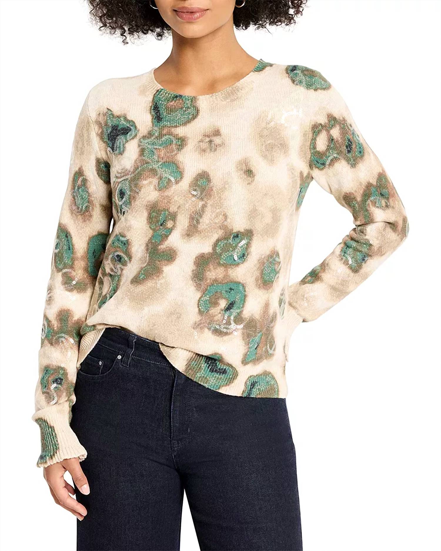 Nic + Zoe Camo Shine Crew Neck Sweater in neutral multi - women's long sleeve top