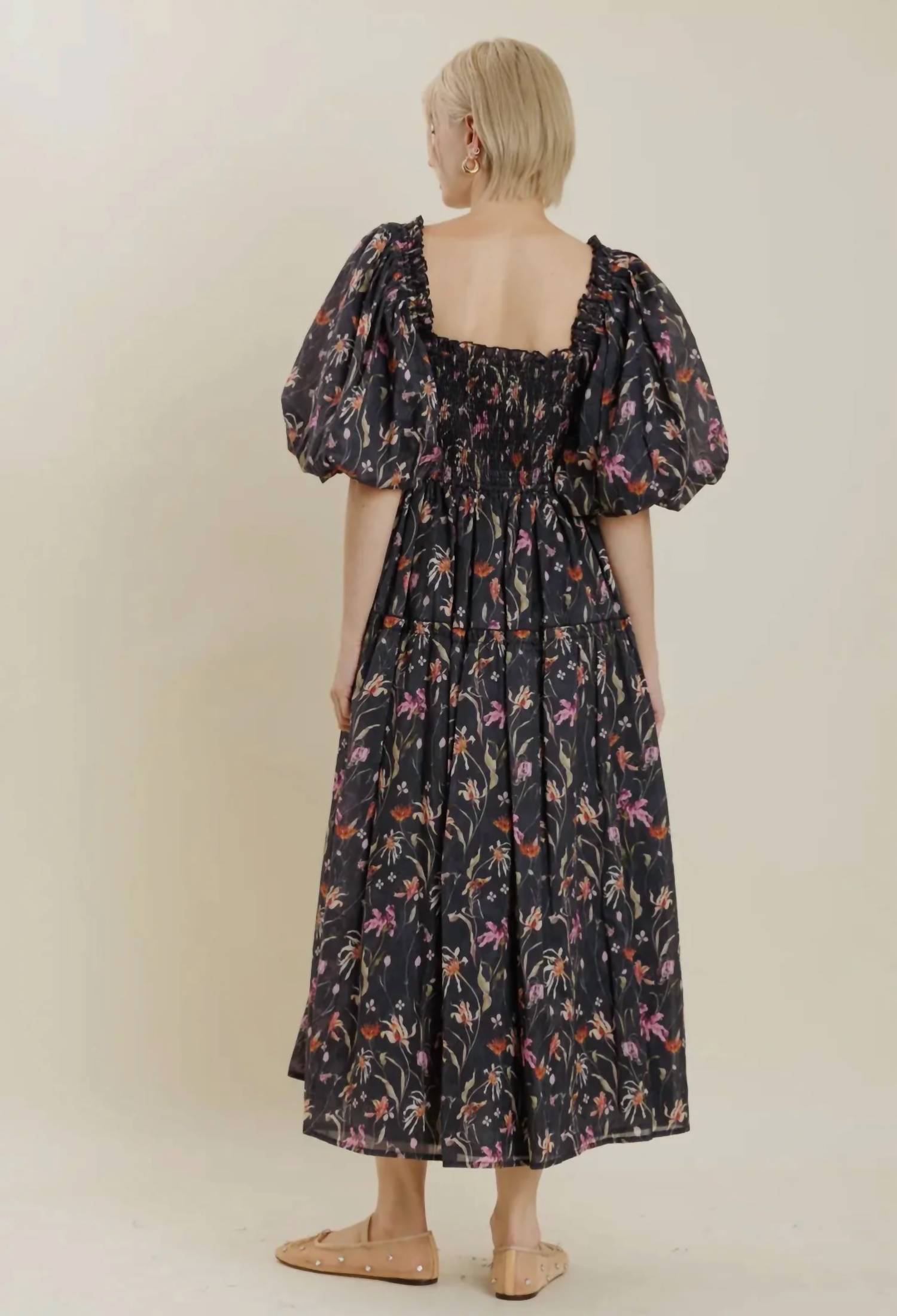 Aureum Floral Smocked Maxi Dress in navy - women's dress - detail view