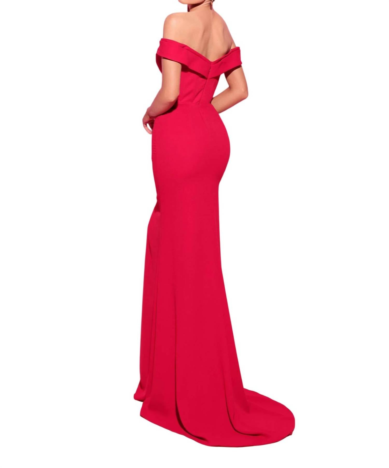 Tarik Ediz Off-shoulder Floor-length Evening Gown in red - women's dress - detail view
