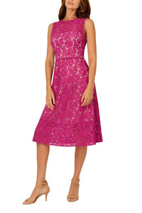 Adrianna Papell - Lace Round Neck A-line Dress