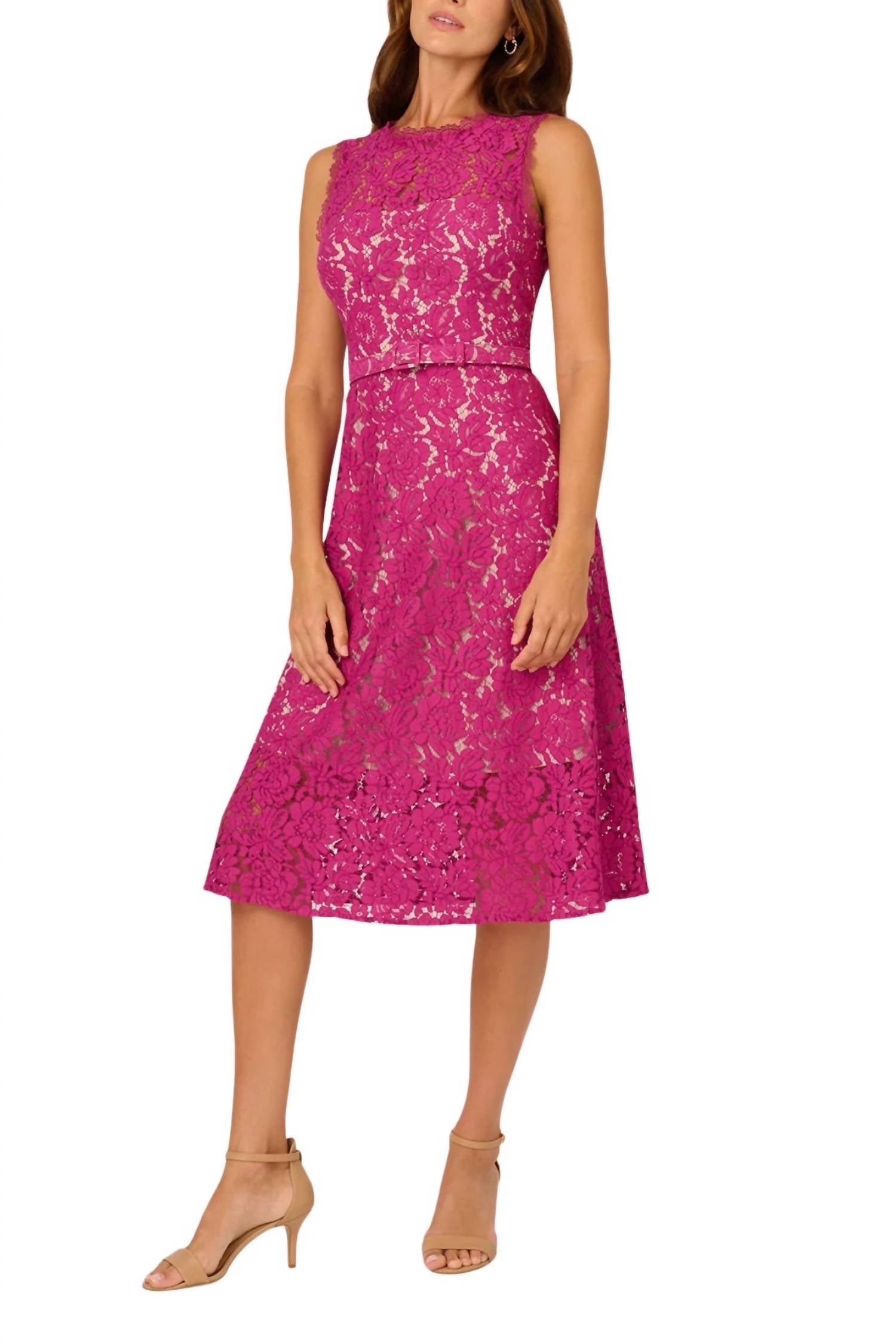 Adrianna Papell - Lace Round Neck A-line Dress
