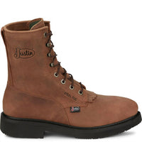 Justin Boots Men's Livestock Round Steel Toe Lace-up Work Boots in aged brown - men's boots - detail view