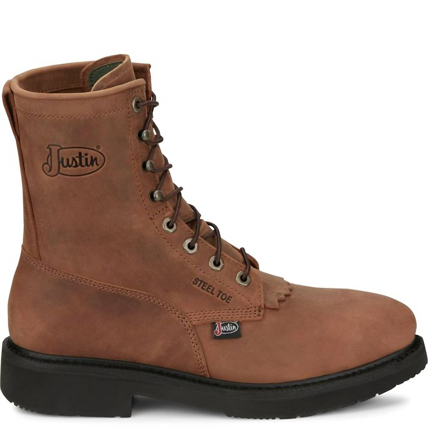 Justin Boots Men's Livestock Round Steel Toe Lace-up Work Boots in aged brown - men's boots - detail view