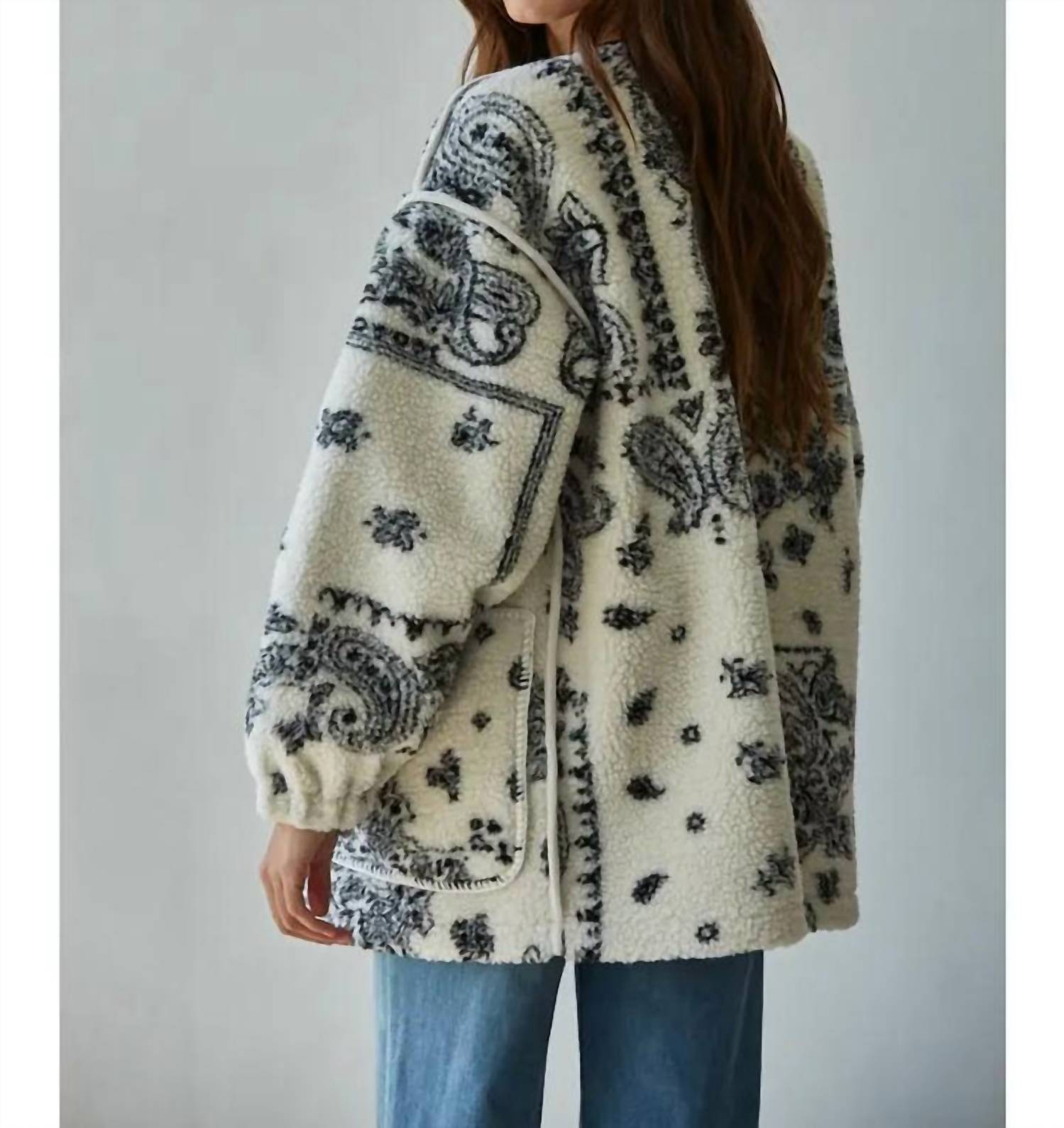 By Together Fleece Sherpa Paisley Print Jacket in black ivory - women's jacket - detail view