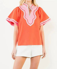 Thml - Women's Contrast Trim Wide Sleeve V Neck Top
