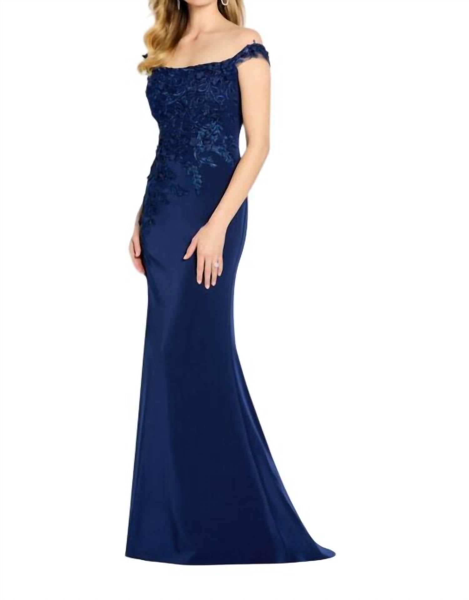 Cameron Blake Embroidered Bodice Off The Shoulder Dress in blue willow - women's dress