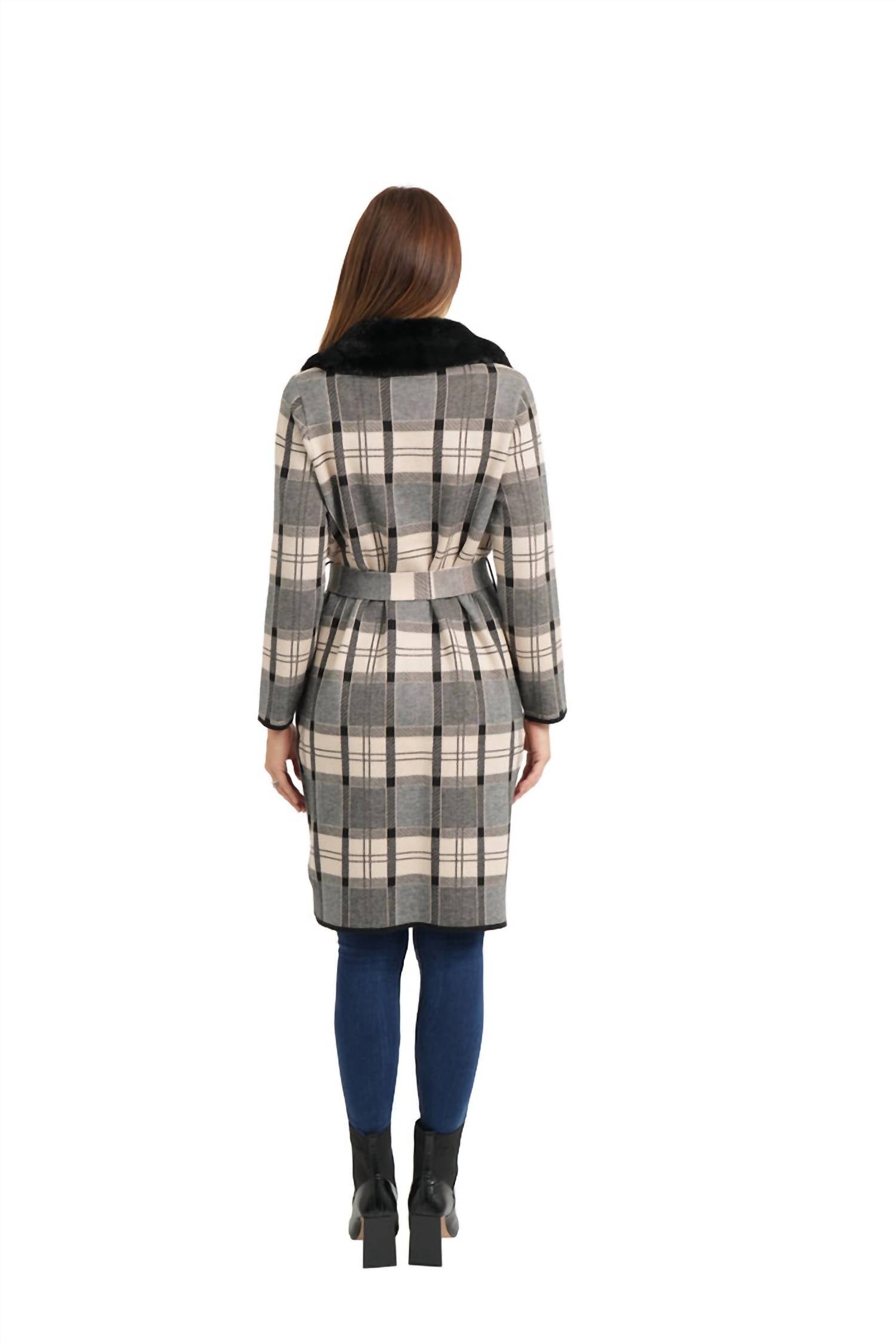LOVE TOKEN Plaid Long Belted Cardigan Coat in beige multi - women's jacket - detail view