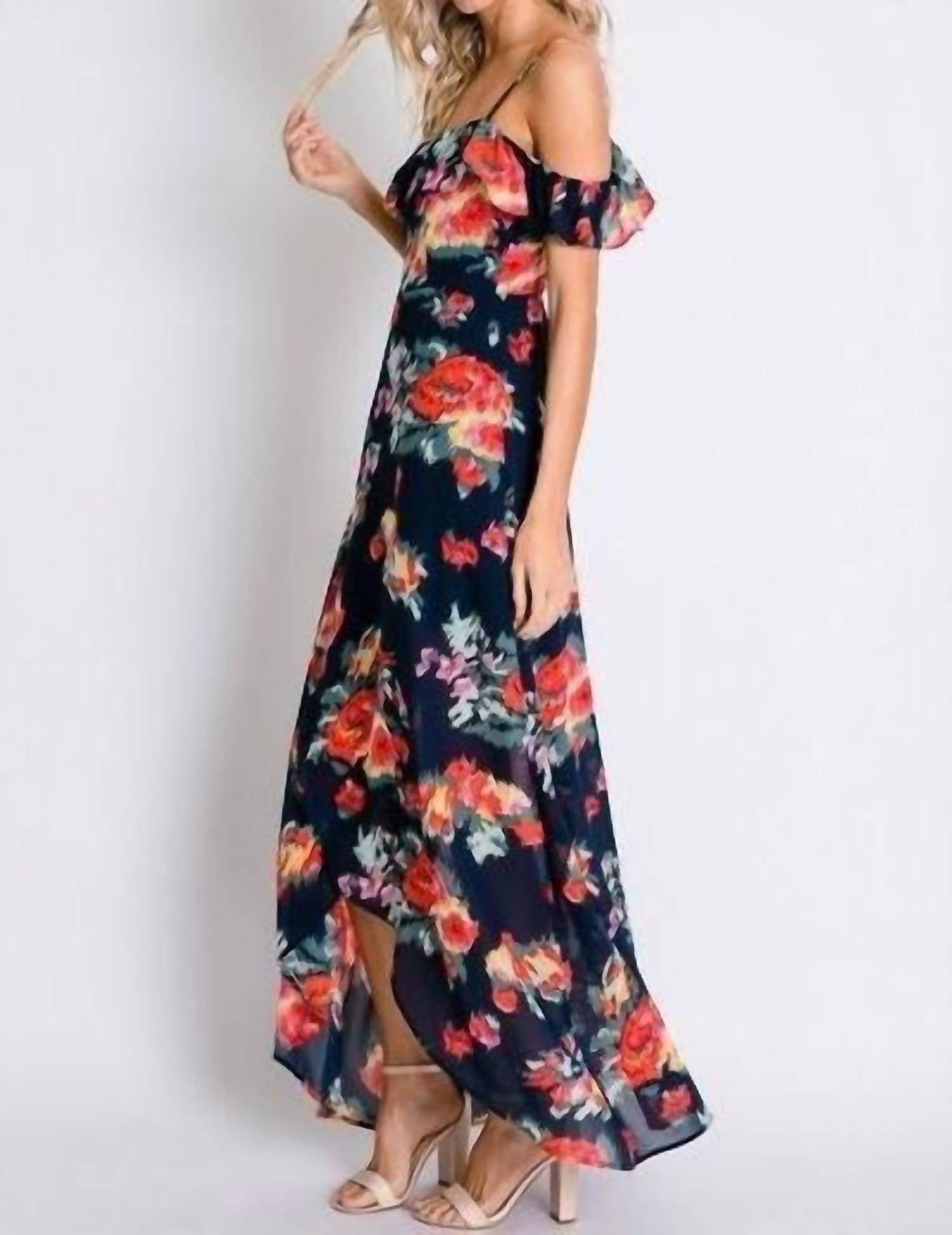 Davi & Dani - Floral Print Ruffle Cold Shoulder Tulip Dress
