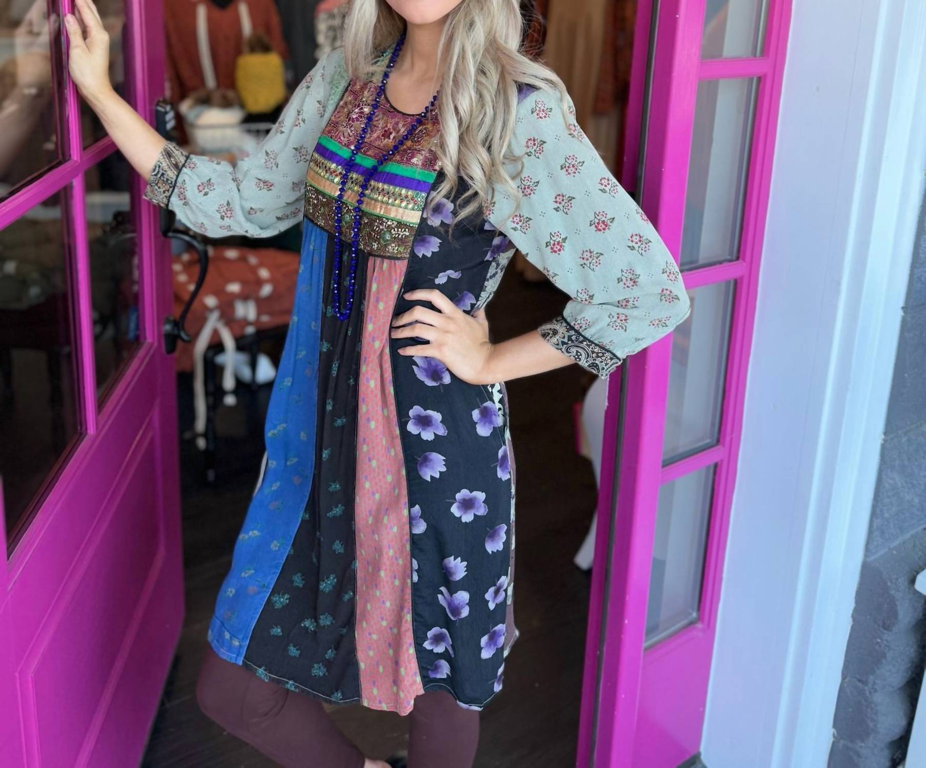Young Threads - Embroidered Patchwork Mini Dress With Pockets