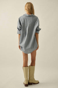PROMESA Plaid Textured Seersucker Oversize Button-up Pocket Shirt in chambray - women's shirt - view 4