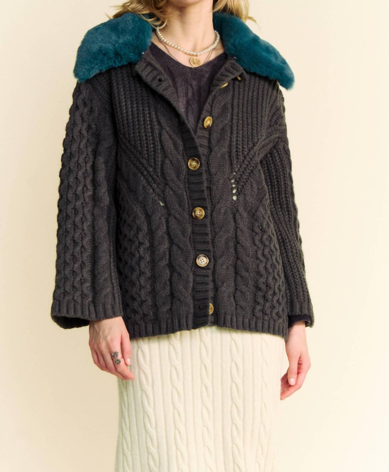 DAVI & DANI Fluffy Cable Knit Cardigan Top in charcoal - women's cardigan