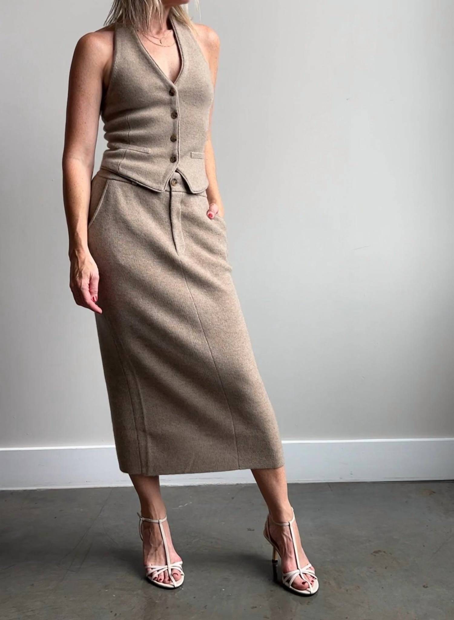 Guest In Residence Tailored Midi Skirt in residence tailored midi skirt in taupe - women's skirt - detail view