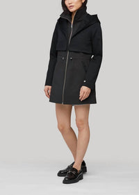 MIXED MEDIA COAT WITH DRAMATIC HOOD AND THERMOLITE FILL