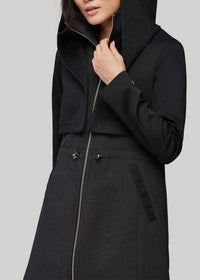 MIXED MEDIA COAT WITH DRAMATIC HOOD AND THERMOLITE FILL