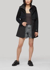 MIXED MEDIA COAT WITH DRAMATIC HOOD AND THERMOLITE FILL