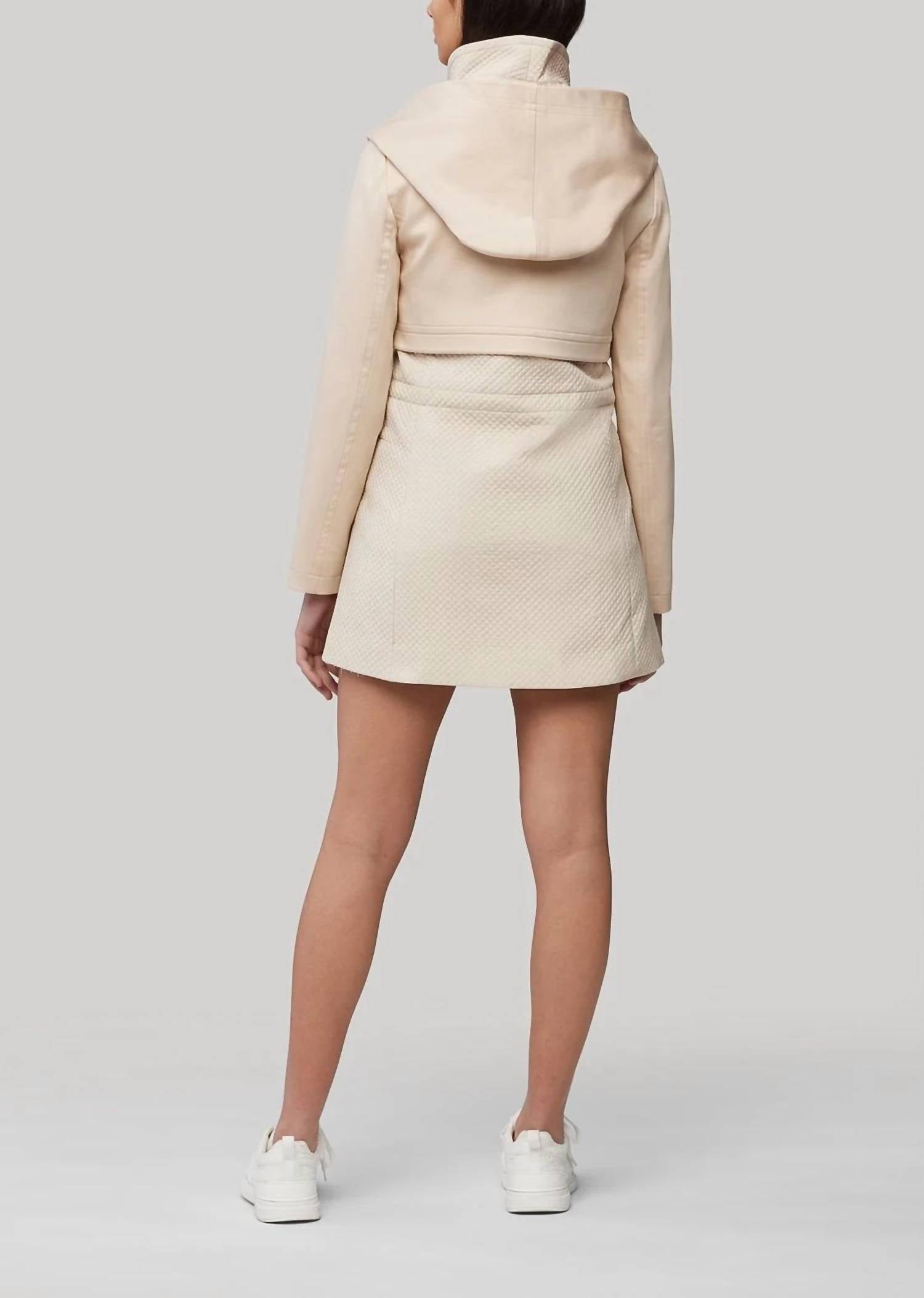 SOIA&KYO MIXED MEDIA COAT WITH DRAMATIC HOOD AND THERMOLITE FILL in sand - women's jacket - detail view
