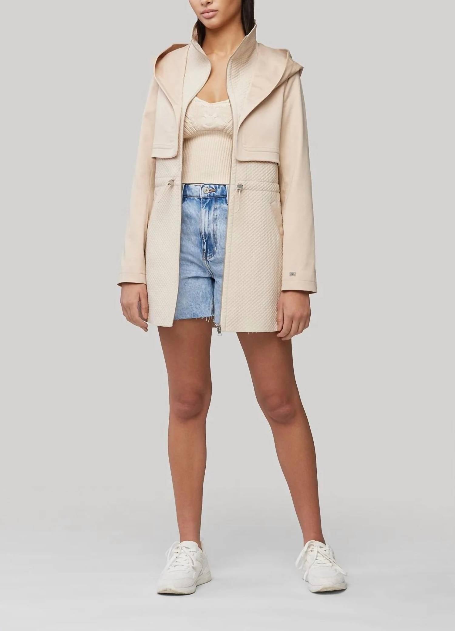 SOIA&KYO MIXED MEDIA COAT WITH DRAMATIC HOOD AND THERMOLITE FILL in sand - women's jacket - alternate view