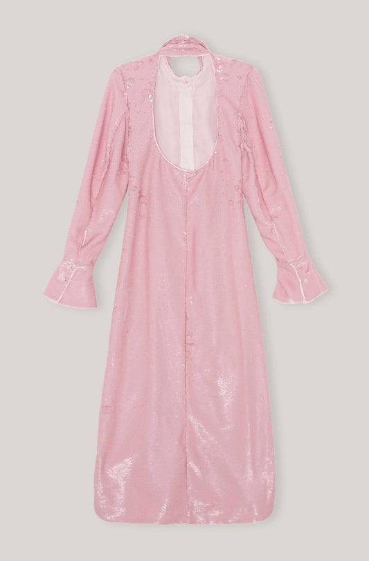 SEQUINS SEQUINS LONG COLLAR GATHERED FITTED DRESS