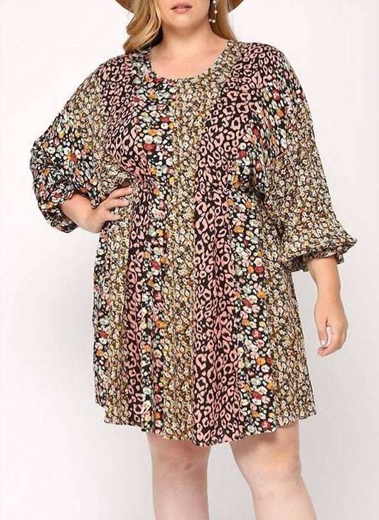 Gigio - PRINT MIXED DOLMAN SLEEVE DRESS WITH SIDE POCKETS