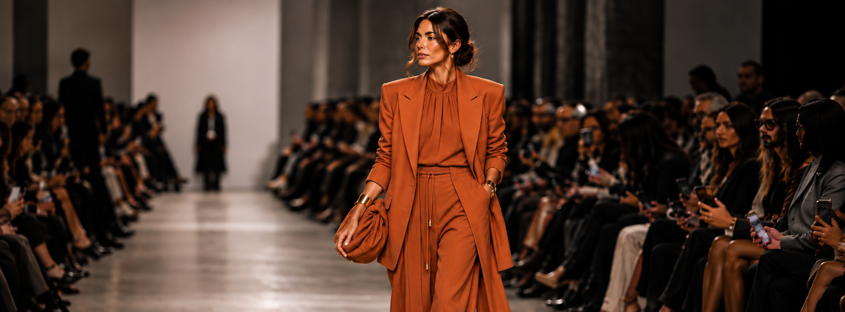 A model walks the runway wearing a matching rust-orange tailored suit with a long draped coat, high-waisted pleated trousers, and a coordinating clutch bag in a fashion show venue.
