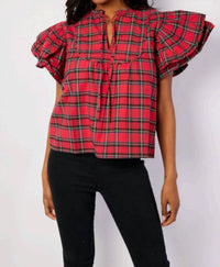 SAIL to SABLE Ruffle Sleeve Top in tartan plaid - women's blouse