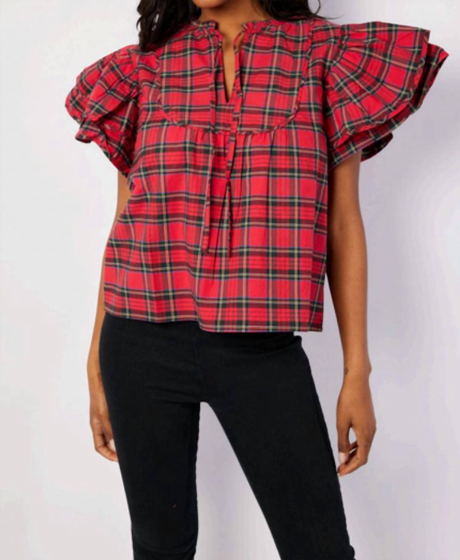 SAIL to SABLE Ruffle Sleeve Top in tartan plaid - women's blouse