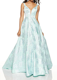 ALYCE PARIS Metallic Floral Jacquard Ball Gown in sea glass - women's dress