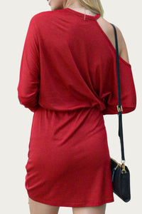 COLD-SHOULDER RUCHED KNIT MINI DRESS