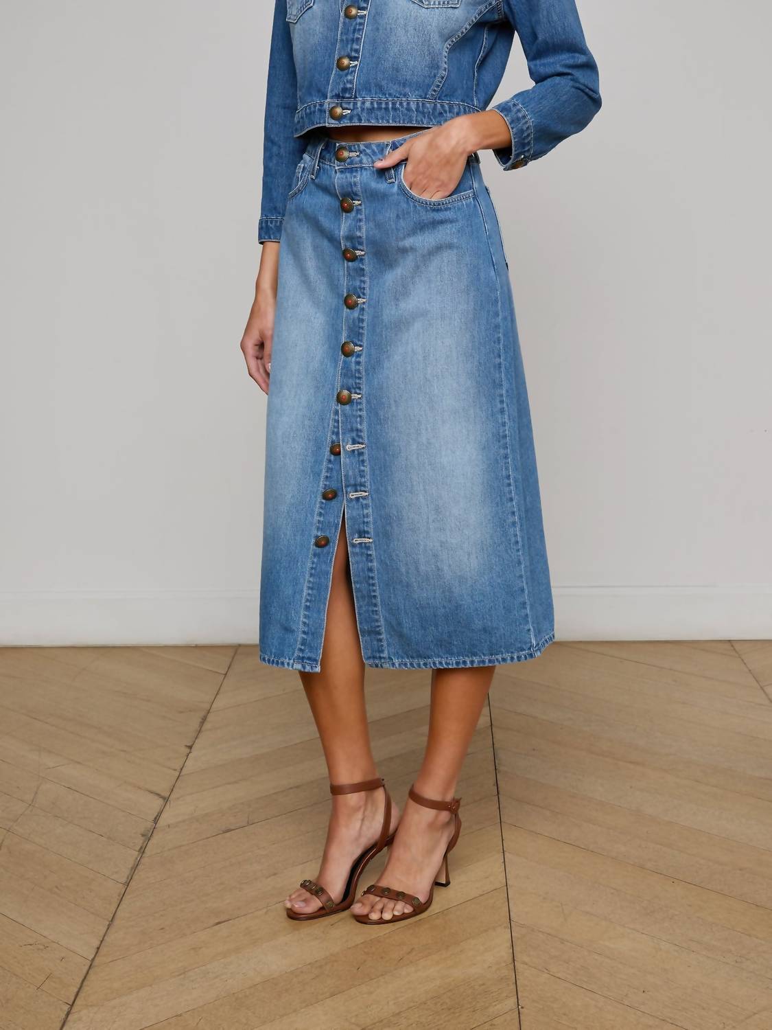 L'Agence - Kathleen Button Front Denim Midi Skirt
