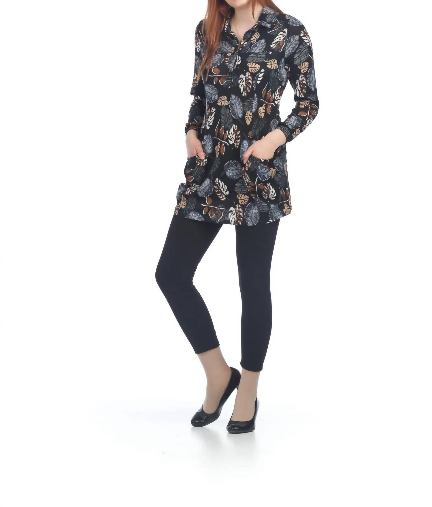 Papillon - Leaf Henley Sweater Dress With Pockets