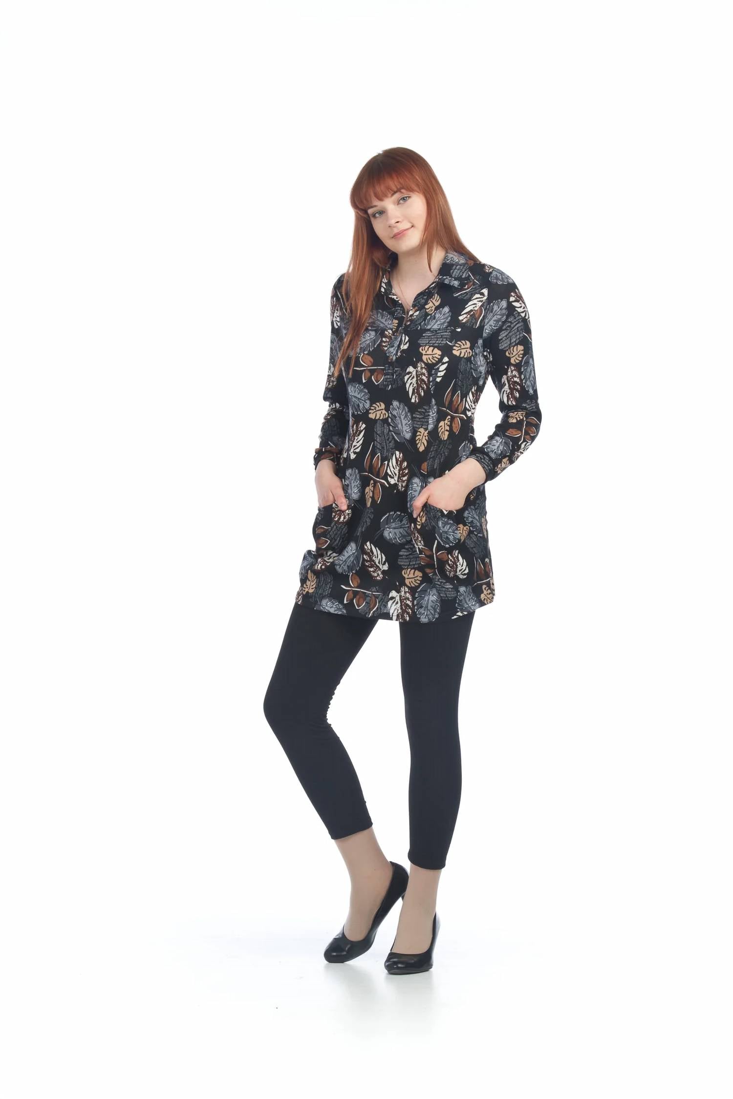 Papillon - Leaf Henley Sweater Dress With Pockets