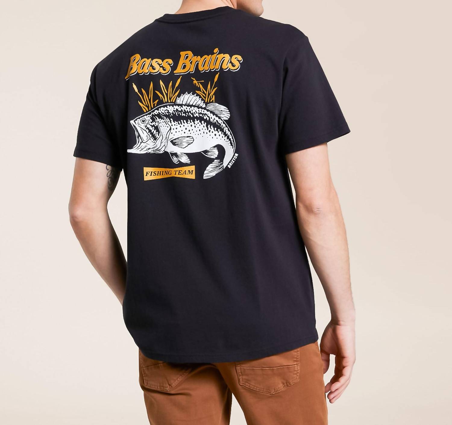 Brixton Bass Brains Fishing Team Short Sleeve Tee in black - men's t-shirt - detail view