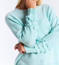 Brodie Cashmere Paula Pom Crew Sweater in aqua - women's sweater - detail view
