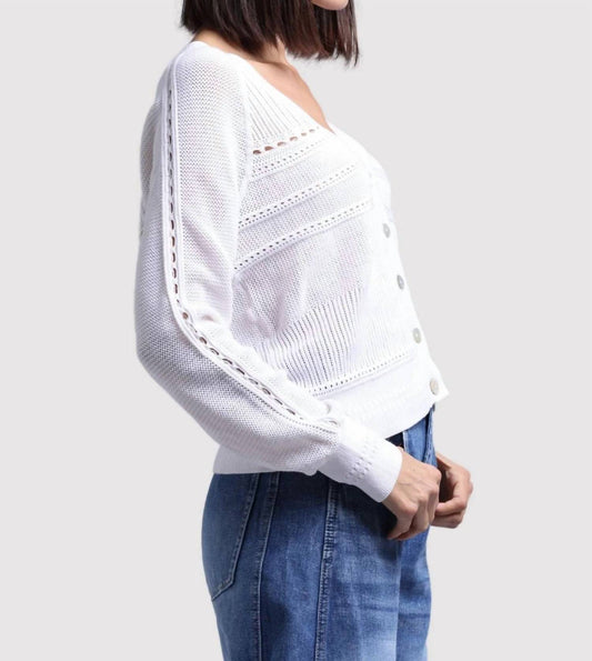 Minnie Rose - Cotton Cashmere Pointelle Mix V Neck Cardigan