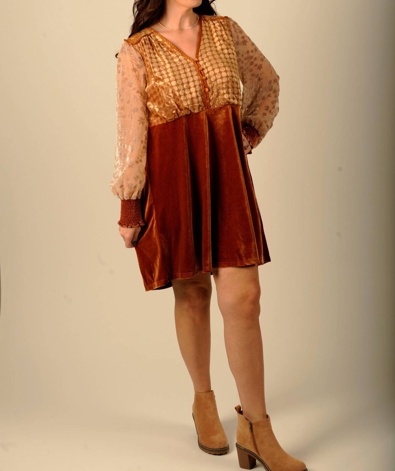mystree Velvet Mix Mini Dress in gold brown - women's dress